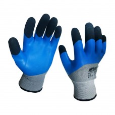  Рукавички WERK поліест сірі, з синім латексним покрит посилені (чорні пальці) з підвіскою 